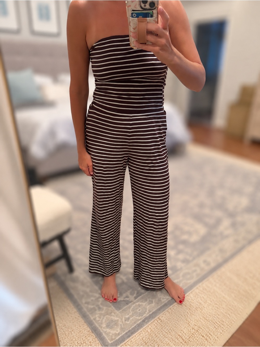 Striped Strapless Wide-Leg Jumpsuit - Black & White